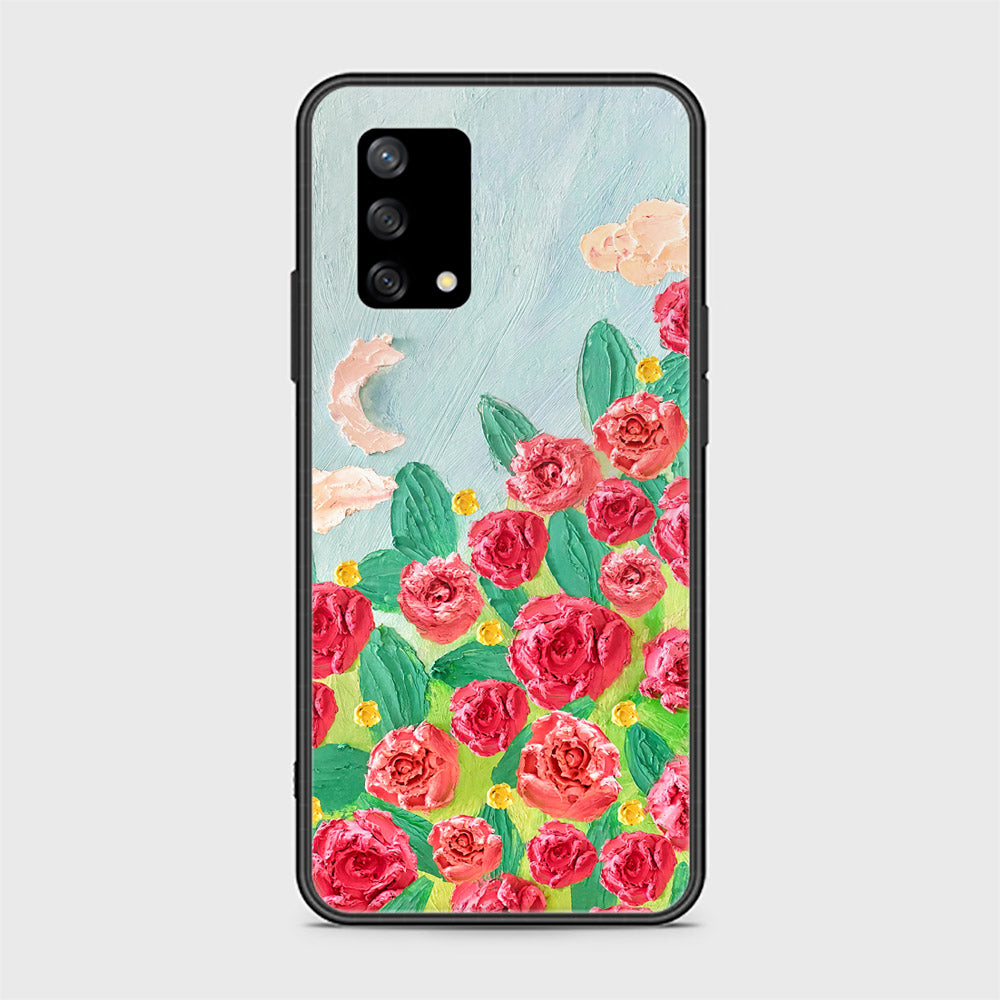 Oppo F19 Cover - Floral Series - Design 10 - Red & Green - HQ Ultra Shine Premium Infinity Glass Soft Silicon Borders Case