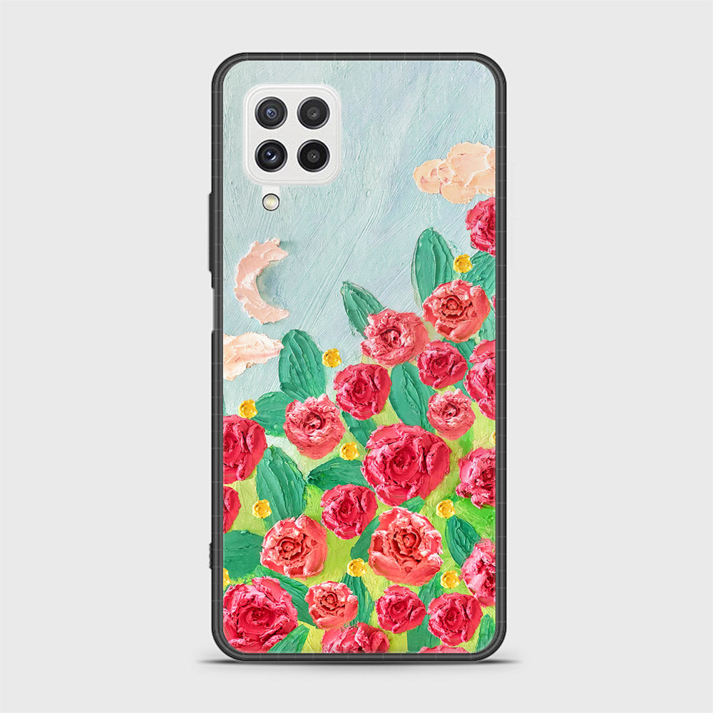 Samsung Galaxy A22 Cover - Floral Series - Design 10 - Red & Green - HQ Ultra Shine Premium Infinity Glass Soft Silicon Borders Case