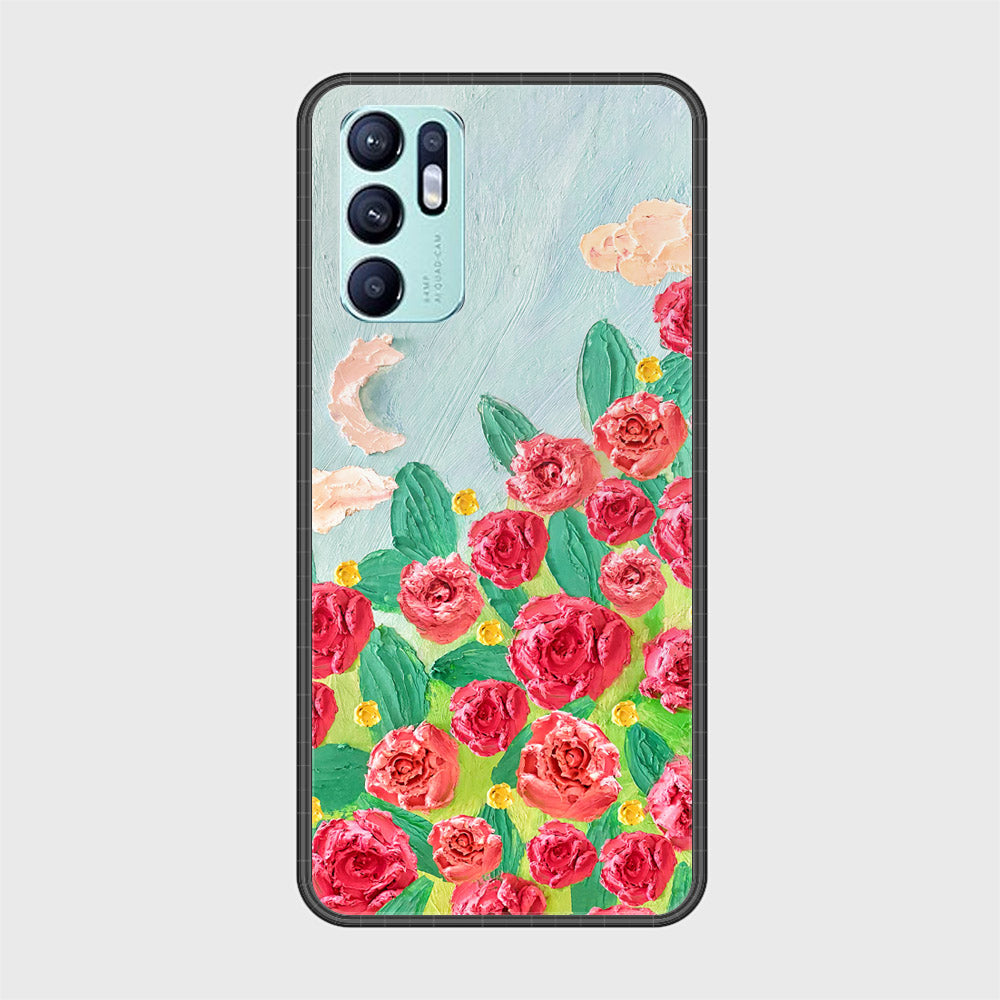 Oppo Reno 6 Cover - Floral Series - Design 10 - Red & Green - HQ Ultra Shine Premium Infinity Glass Soft Silicon Borders Case