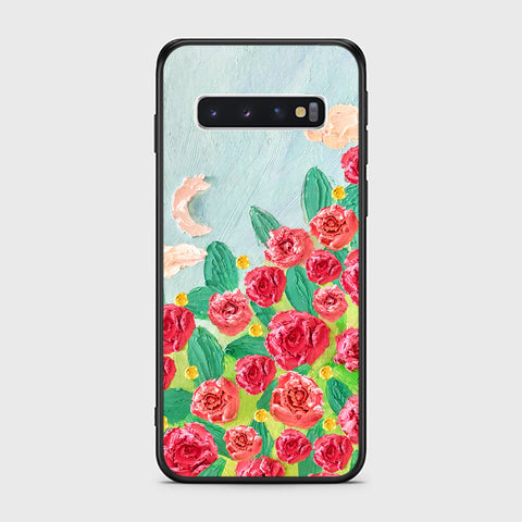 Samsung Galaxy S10 Cover - Floral Series - Design 10 - Red & Green - HQ Ultra Shine Premium Infinity Glass Soft Silicon Borders Case