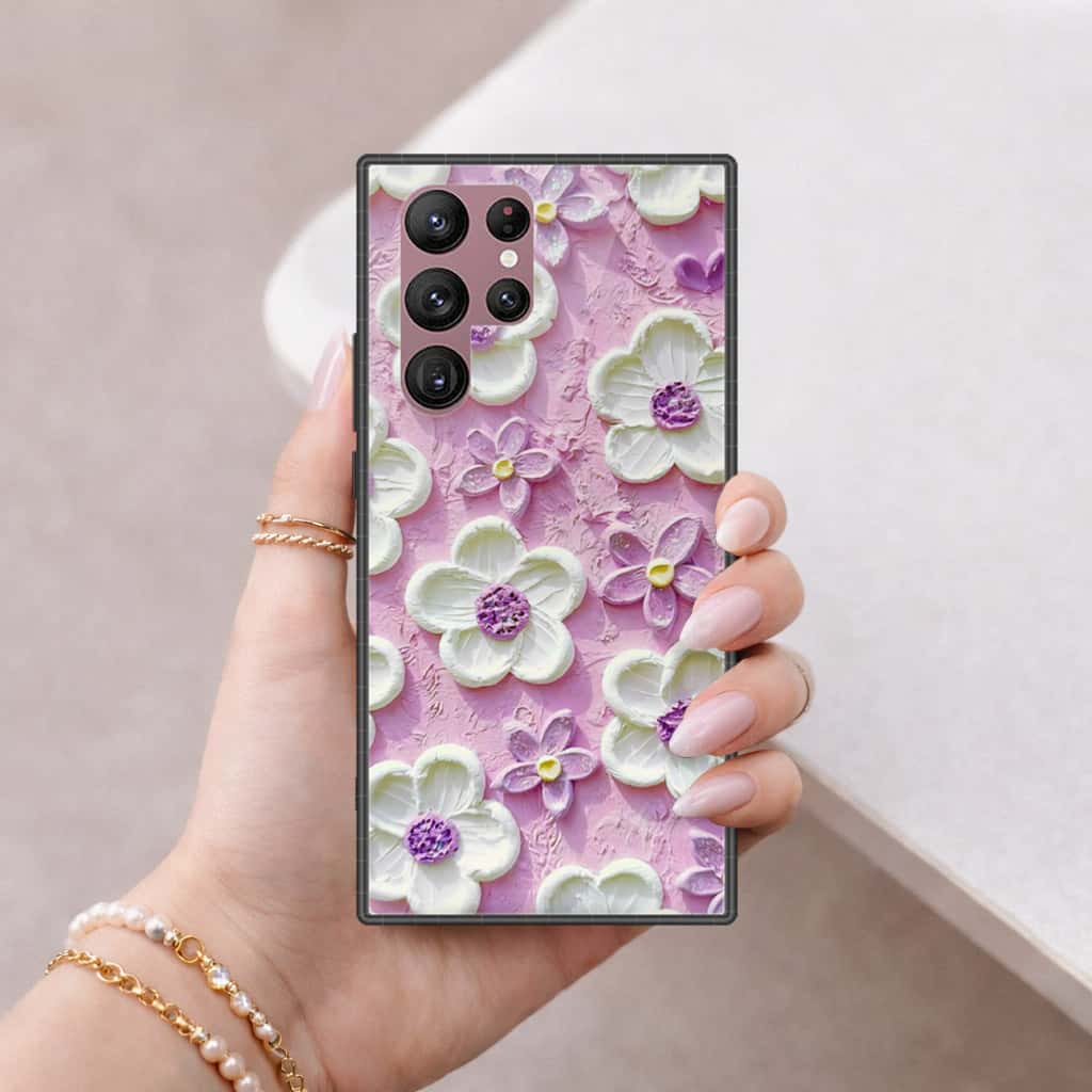 Samsung Galaxy S22 Ultra 5G Cover - Floral Series 3 - HQ Ultra Shine Premium Infinity Glass Soft Silicon Borders Case (Fast Delivery)