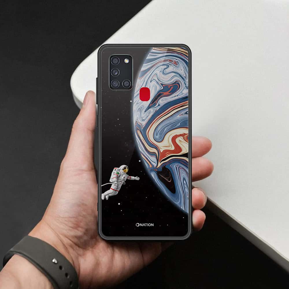 Samsung Galaxy A21s Cover - Cosmic Marble Astronaut Design - HQ Ultra Shine Premium Infinity Glass Soft Silicon Borders Case