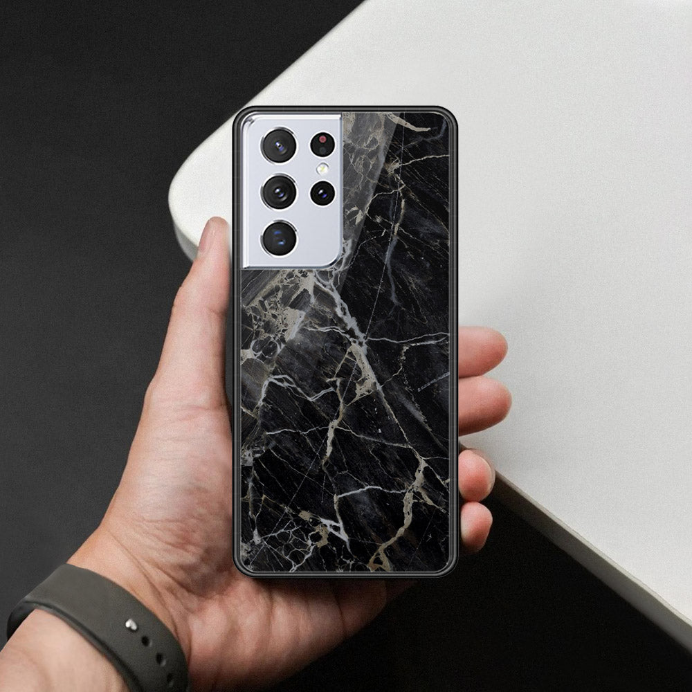 Samsung Galaxy S21 Ultra 5G Cover - Black Marble Series  - HQ Ultra Shine Premium Infinity Glass Soft Silicon Borders Case