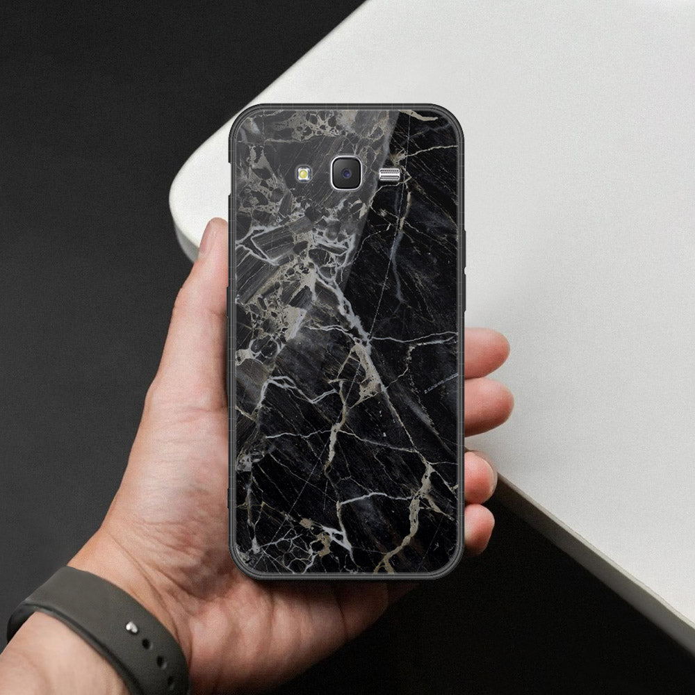 Samsung Galaxy J7 2015 Cover - Black Marble Series  - HQ Ultra Shine Premium Infinity Glass Soft Silicon Borders Case