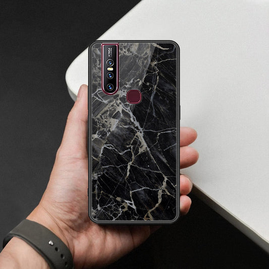 Vivo V15 Cover - Black Marble Series  - HQ Ultra Shine Premium Infinity Glass Soft Silicon Borders Case