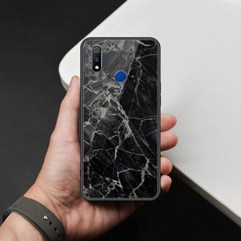 Realme 3 Cover - Black Marble Series  - HQ Ultra Shine Premium Infinity Glass Soft Silicon Borders Case