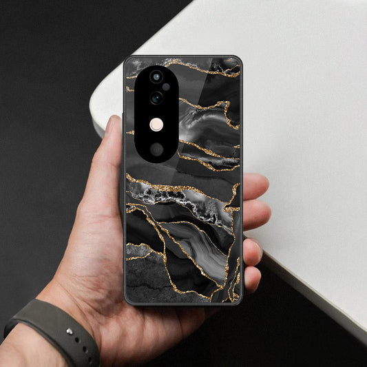 Vivo V40 Cover - Black Marble Series  - HQ Ultra Shine Premium Infinity Glass Soft Silicon Borders Case (Fast Delivery)
