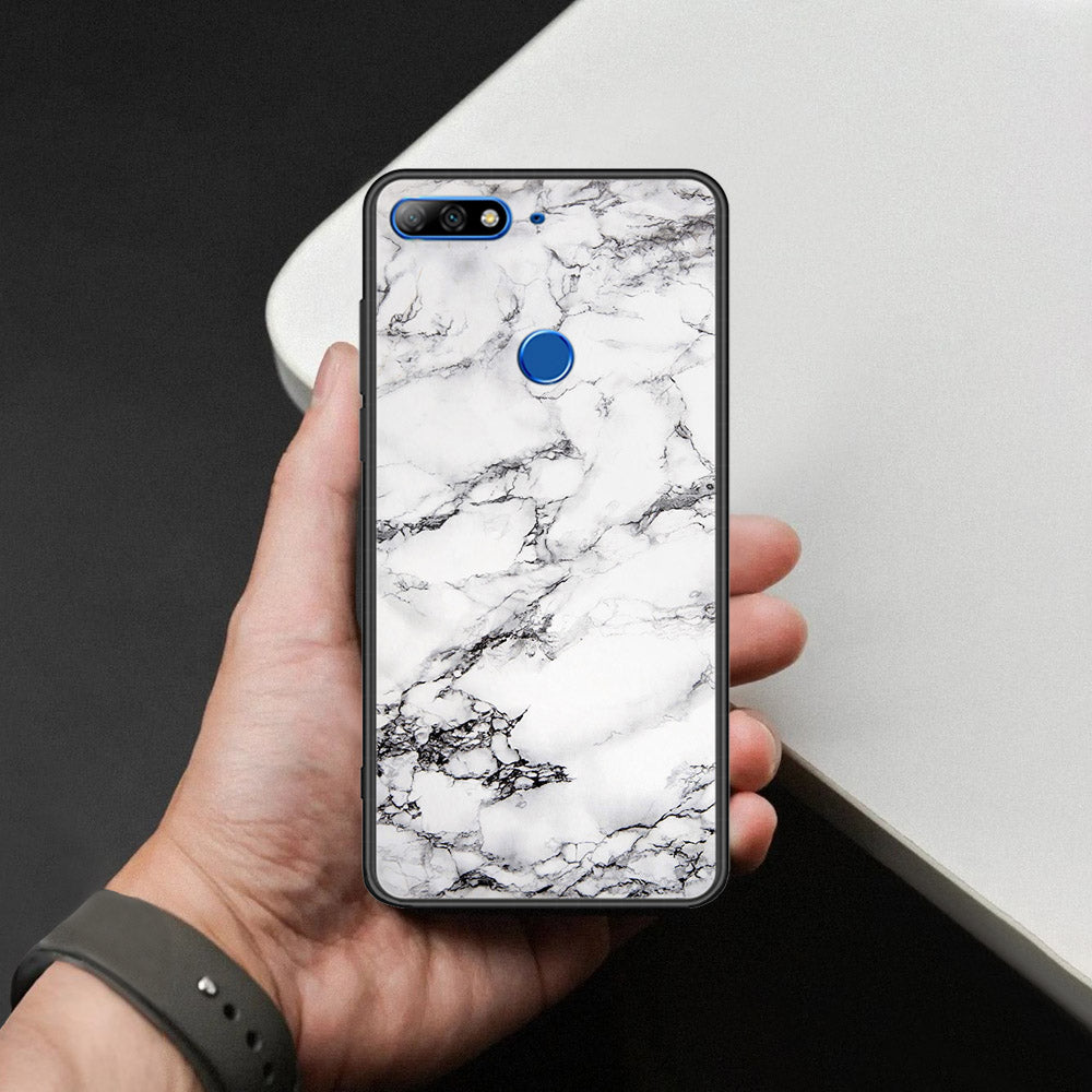 Huawei Honor 7C Cover - White Marble Series - HQ Ultra Shine Premium Infinity Glass Soft Silicon Borders Case