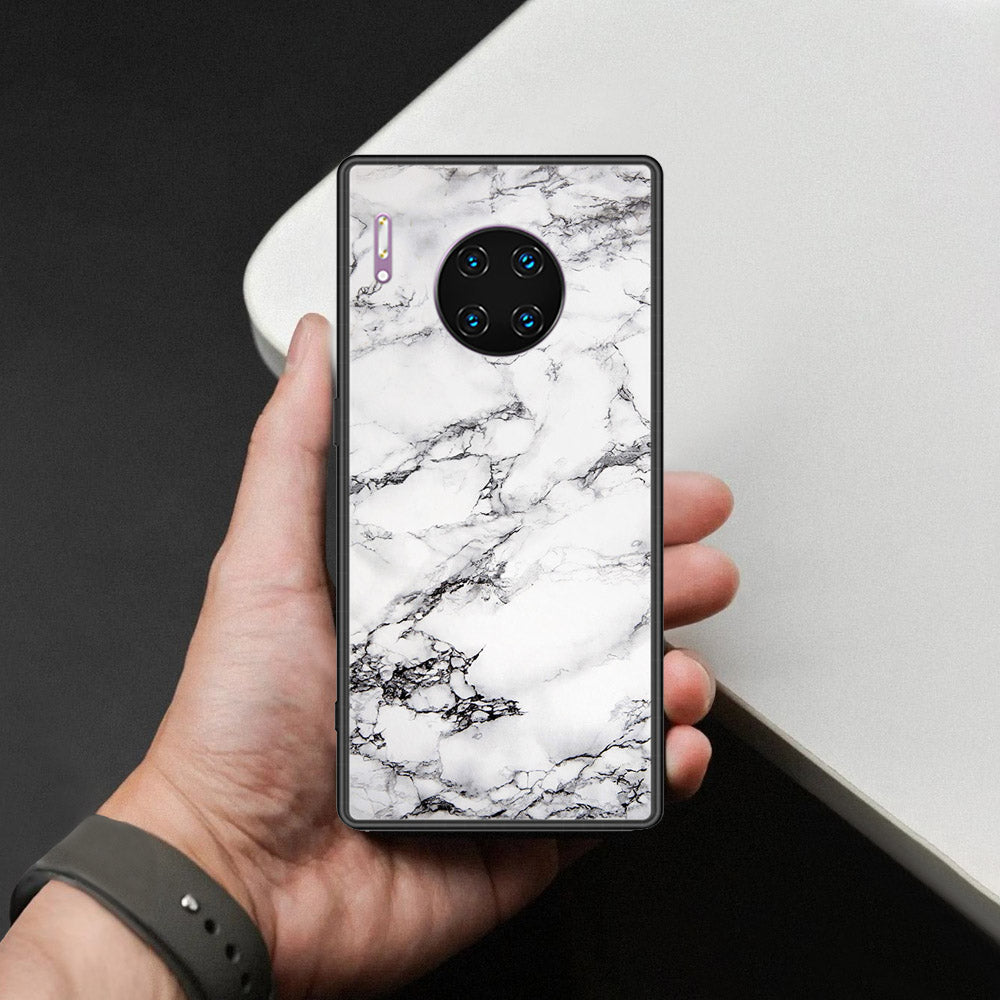 Huawei Mate 30 Pro Cover - White Marble Series - HQ Ultra Shine Premium Infinity Glass Soft Silicon Borders Case