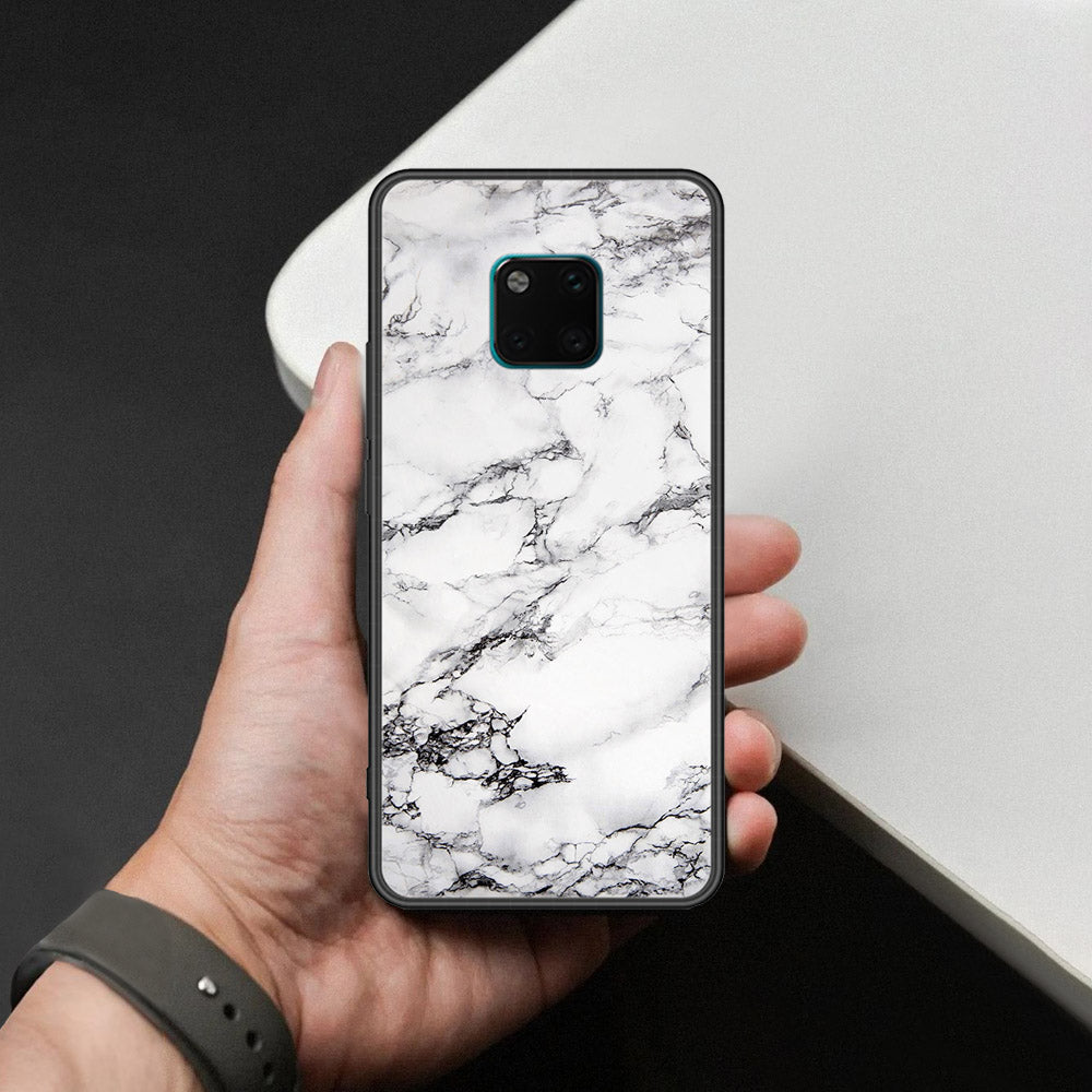 Huawei Mate 20 Pro Cover - White Marble Series - HQ Ultra Shine Premium Infinity Glass Soft Silicon Borders Case