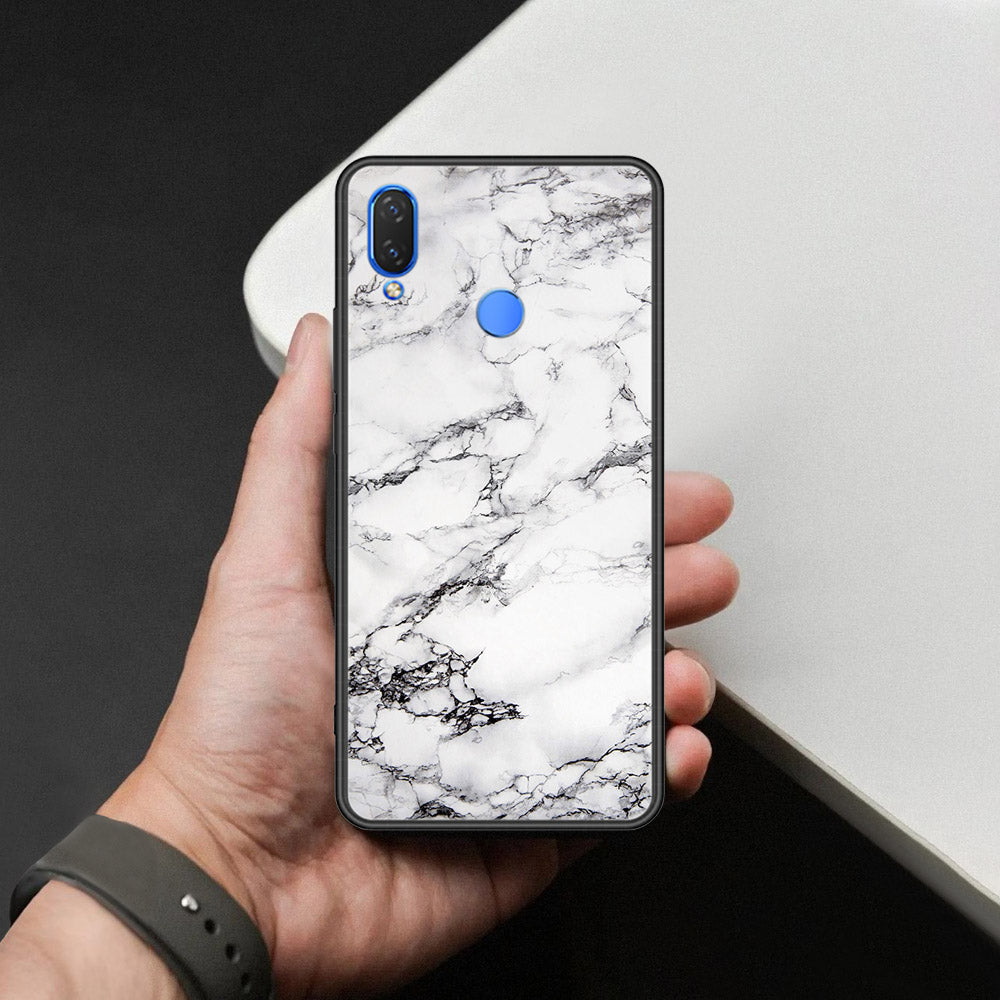 Huawei Honor Play Cover - White Marble Series - HQ Ultra Shine Premium Infinity Glass Soft Silicon Borders Case