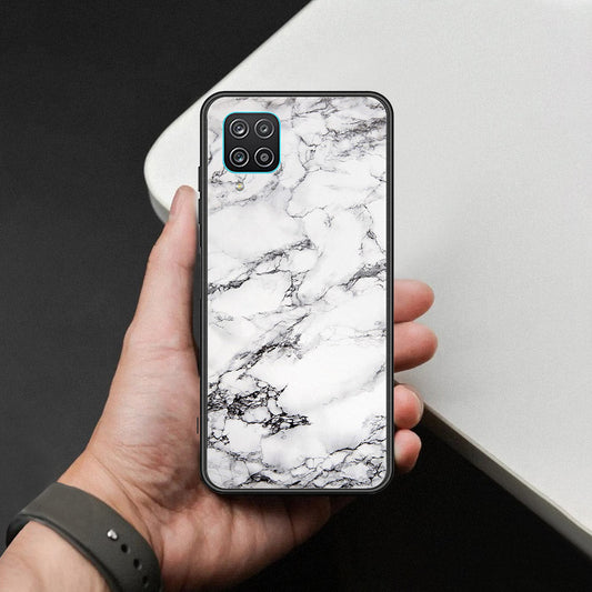 Samsung Galaxy A12 Cover - White Marble Series - HQ Ultra Shine Premium Infinity Glass Soft Silicon Borders Case