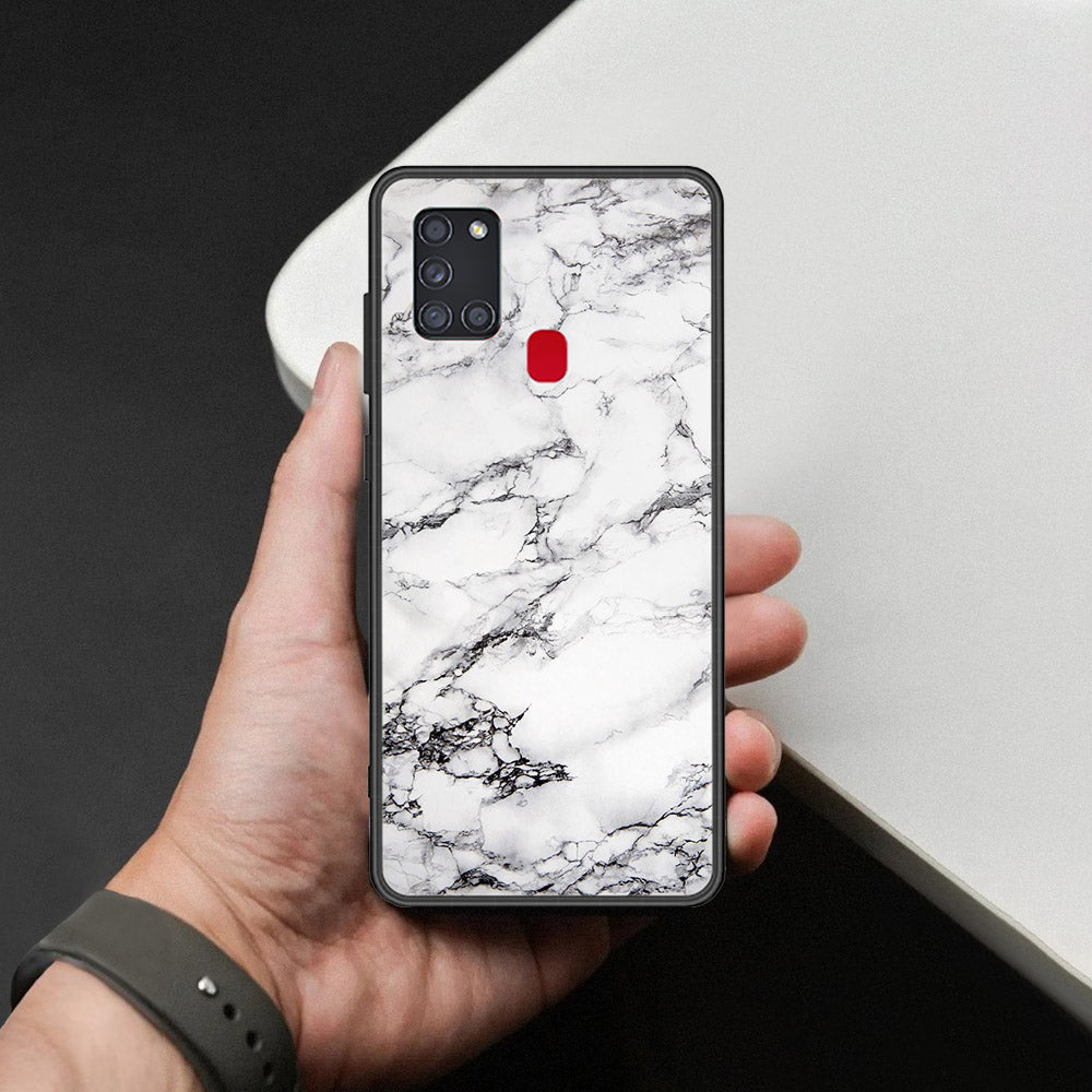 Samsung Galaxy A21s Cover - White Marble Series - HQ Ultra Shine Premium Infinity Glass Soft Silicon Borders Case