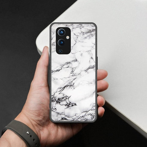 OnePlus 9 Cover - White Marble Series - HQ Ultra Shine Premium Infinity Glass Soft Silicon Borders Case