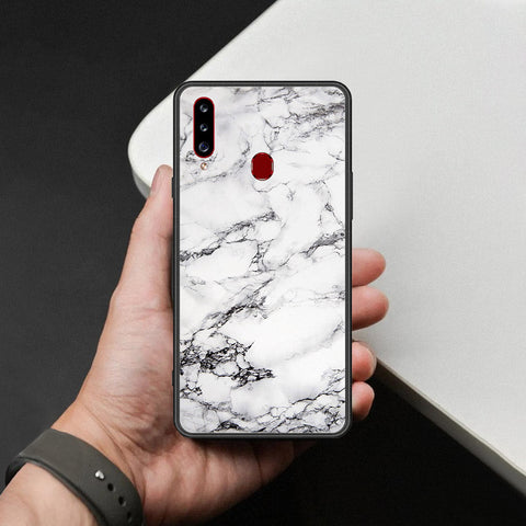Samsung Galaxy A20s Cover - White Marble Series - HQ Ultra Shine Premium Infinity Glass Soft Silicon Borders Case
