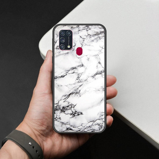 Samsung Galaxy M31 Cover - White Marble Series - HQ Ultra Shine Premium Infinity Glass Soft Silicon Borders Case