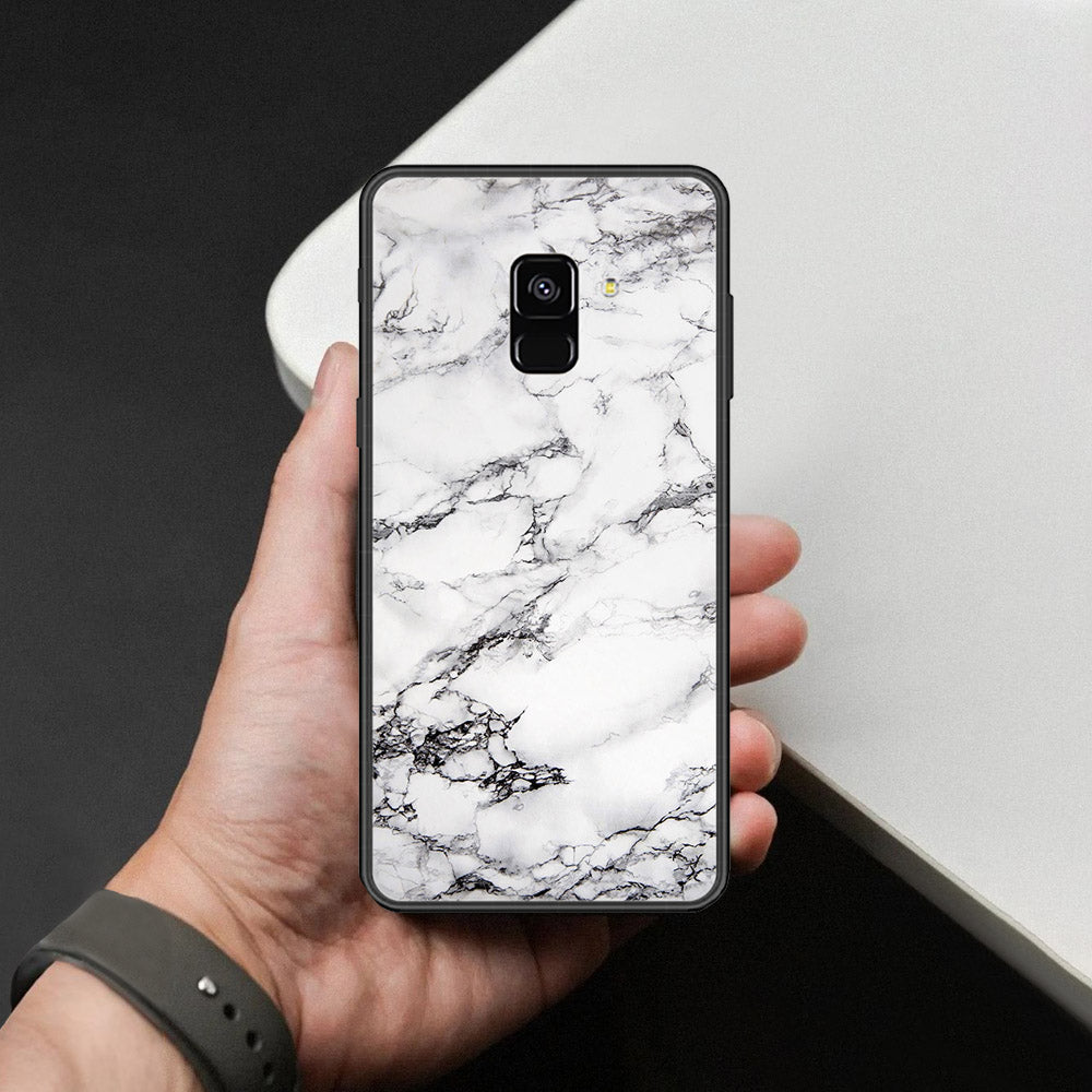 Samsung Galaxy A8 2018 Cover - White Marble Series - HQ Ultra Shine Premium Infinity Glass Soft Silicon Borders Case