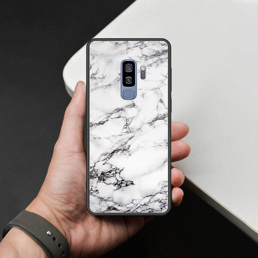 Samsung Galaxy S9 Plus Cover - White Marble Series - HQ Ultra Shine Premium Infinity Glass Soft Silicon Borders Case