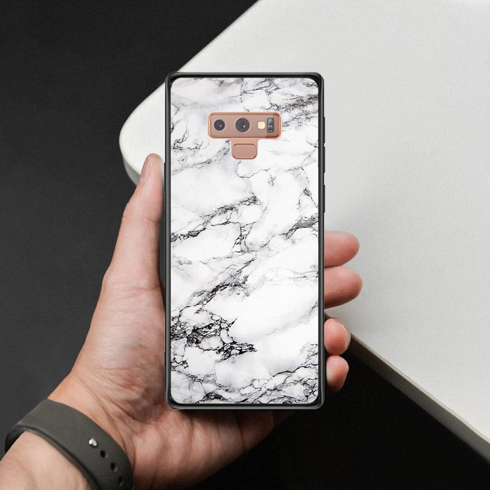 Samsung Galaxy Note 9 Cover - White Marble Series - HQ Ultra Shine Premium Infinity Glass Soft Silicon Borders Case