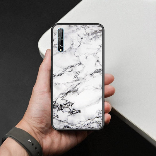 Huawei Y8p Cover - White Marble Series - HQ Ultra Shine Premium Infinity Glass Soft Silicon Borders Case