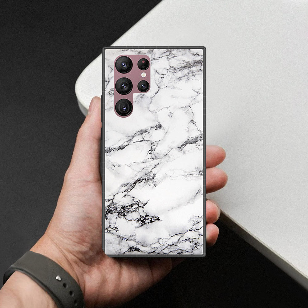Samsung Galaxy S22 Ultra 5G Cover - White Marble Series - HQ Ultra Shine Premium Infinity Glass Soft Silicon Borders Case