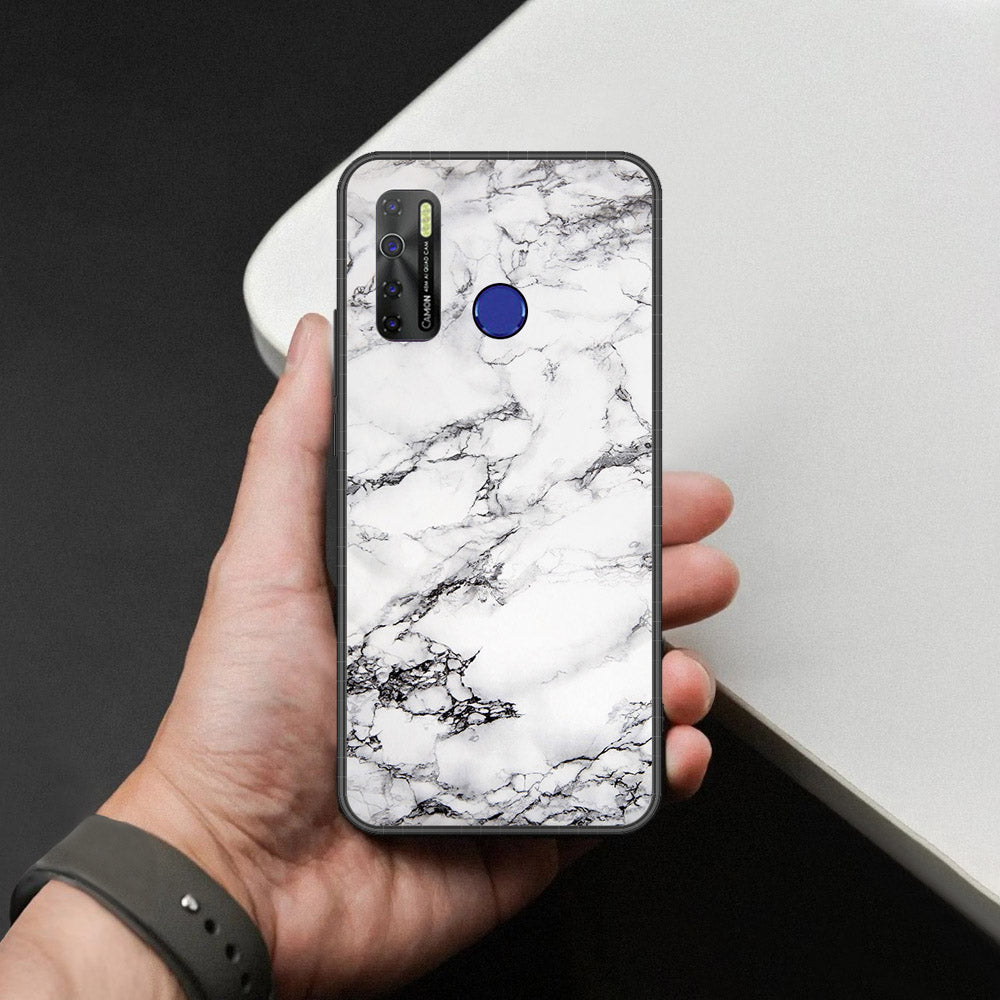 Tecno Camon 15 Cover - White Marble Series - HQ Ultra Shine Premium Infinity Glass Soft Silicon Borders Case