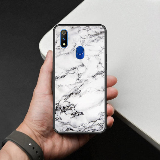 Realme 3 Pro Cover - White Marble Series - HQ Ultra Shine Premium Infinity Glass Soft Silicon Borders Case