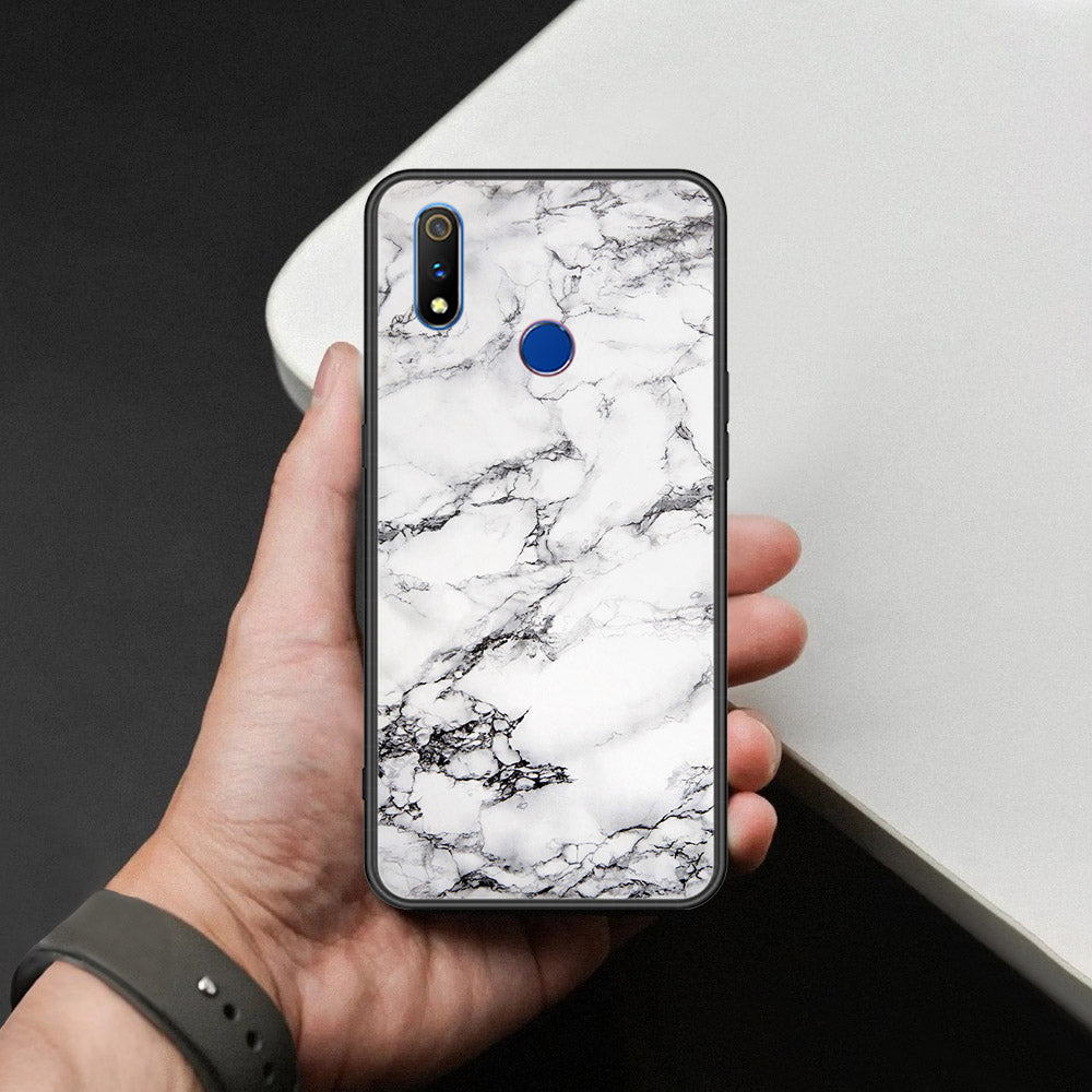 Realme 3 Cover - White Marble Series - HQ Ultra Shine Premium Infinity Glass Soft Silicon Borders Case