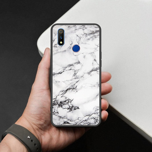 Realme 3 Cover - White Marble Series - HQ Ultra Shine Premium Infinity Glass Soft Silicon Borders Case