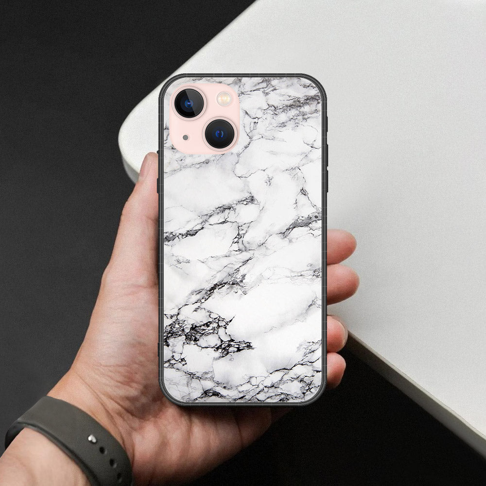 iPhone 14 - White Marble Series - HQ Ultra Shine Premium Infinity Glass Soft Silicon Borders Case