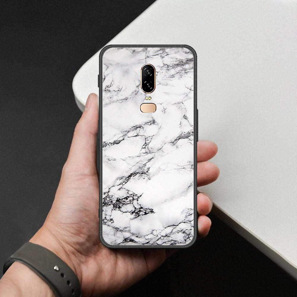 OnePlus 6 Cover - White Marble Series - HQ Ultra Shine Premium Infinity Glass Soft Silicon Borders Case