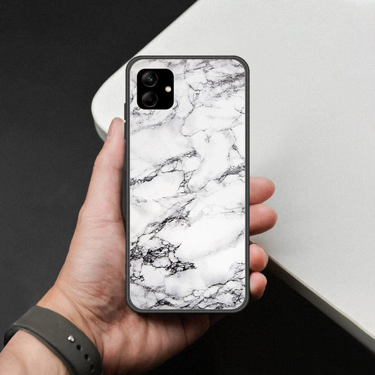 Samsung Galaxy M17 Cover - White Marble Series - HQ Ultra Shine Premium Infinity Glass Soft Silicon Borders Case