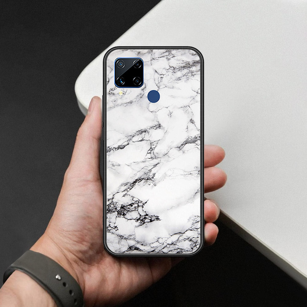 Realme C15 Cover - White Marble Series - HQ Ultra Shine Premium Infinity Glass Soft Silicon Borders Case