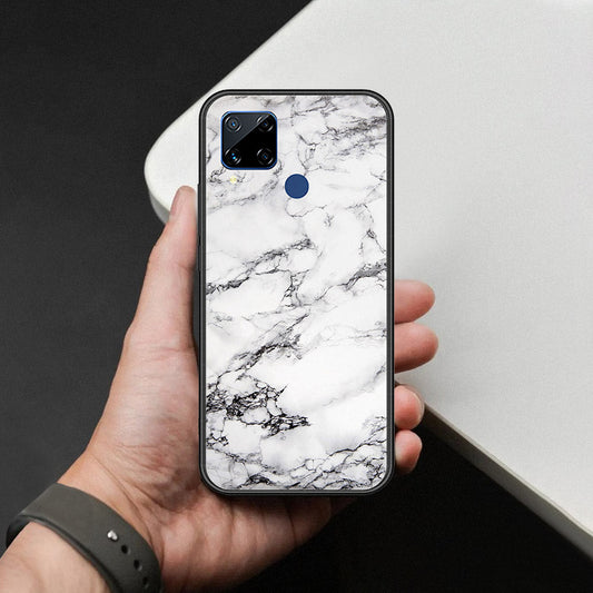 Realme C15 Cover - White Marble Series - HQ Ultra Shine Premium Infinity Glass Soft Silicon Borders Case