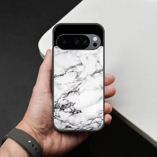 Google Pixel 10 Pro Cover - White Marble Series - HQ Ultra Shine Premium Infinity Glass Soft Silicon Borders Case