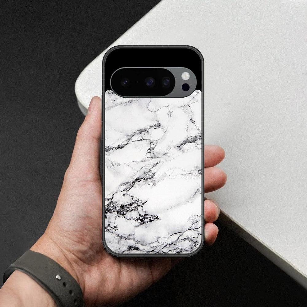 Google Pixel 10 Pro XL Cover - White Marble Series - HQ Ultra Shine Premium Infinity Glass Soft Silicon Borders Case