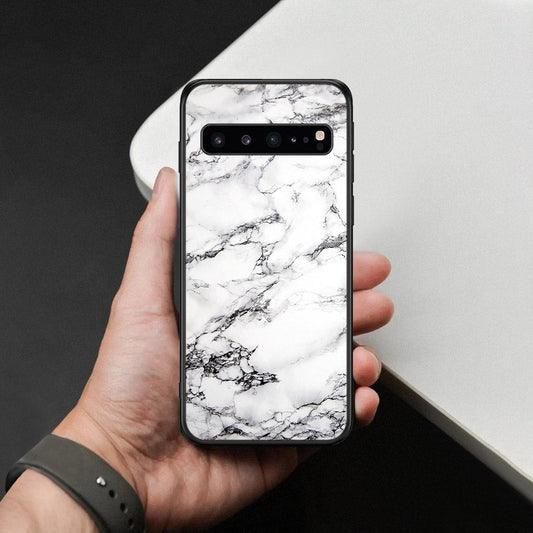 Samsung Galaxy S10 5G Cover - White Marble Series - HQ Ultra Shine Premium Infinity Glass Soft Silicon Borders Case