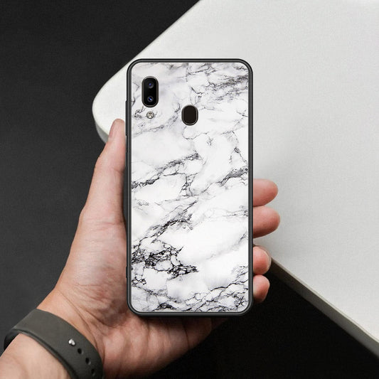 Samsung Galaxy A20 Cover - White Marble Series - HQ Ultra Shine Premium Infinity Glass Soft Silicon Borders Case