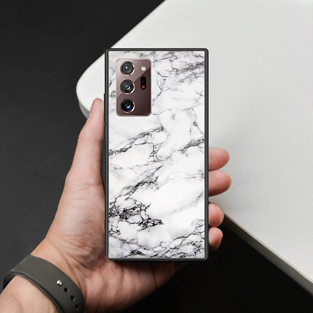 Samsung Galaxy Note 20 Ultra Cover - White Marble Series - HQ Ultra Shine Premium Infinity Glass Soft Silicon Borders Case