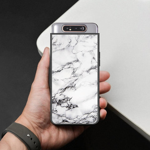 Samsung Galaxy A80 Cover - White Marble Series - HQ Ultra Shine Premium Infinity Glass Soft Silicon Borders Case