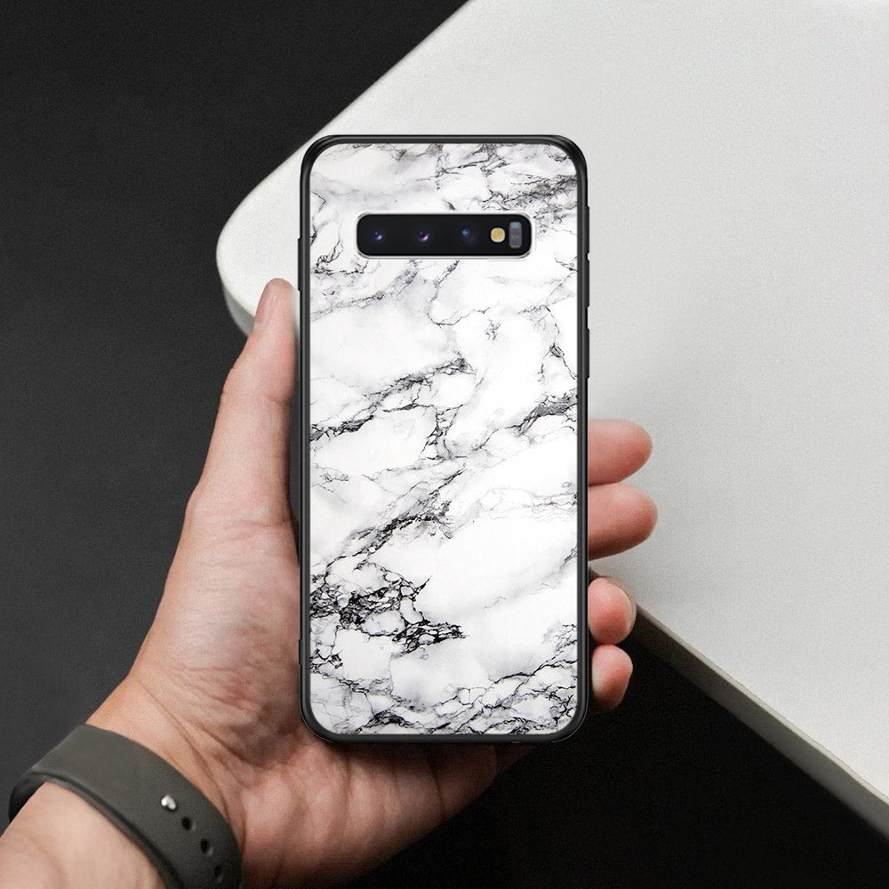 Samsung Galaxy S10 Cover - White Marble Series - HQ Ultra Shine Premium Infinity Glass Soft Silicon Borders Case