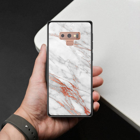 Samsung Galaxy Note 9 Cover - White Marble Series - HQ Ultra Shine Premium Infinity Glass Soft Silicon Borders Case