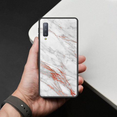 Samsung Galaxy A7 2018 Cover - White Marble Series - HQ Ultra Shine Premium Infinity Glass Soft Silicon Borders Case