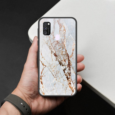 Samsung Galaxy M21 Cover - White Marble Series - HQ Ultra Shine Premium Infinity Glass Soft Silicon Borders Case