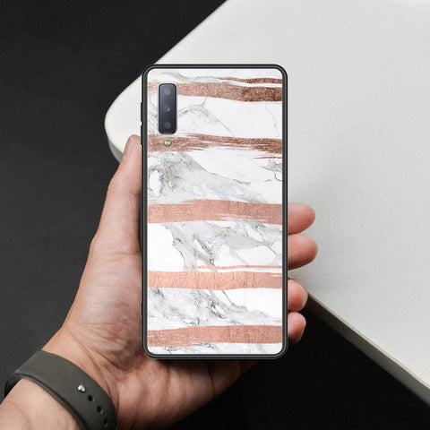 Samsung Galaxy A7 2018 Cover - White Marble Series - HQ Ultra Shine Premium Infinity Glass Soft Silicon Borders Case