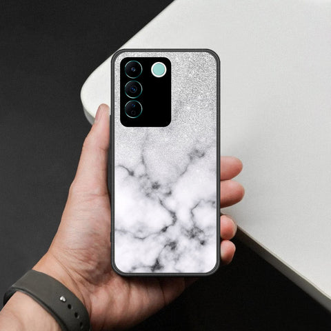 Vivo V27e Cover - White Marble Series - HQ Ultra Shine Premium Infinity Glass Soft Silicon Borders Case