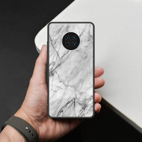 Huawei Mate 30 Cover - White Marble Series - HQ Ultra Shine Premium Infinity Glass Soft Silicon Borders Case
