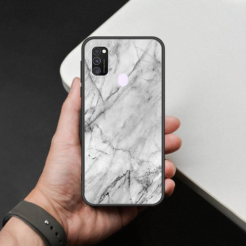 Samsung Galaxy M30s Cover - White Marble Series - HQ Ultra Shine Premium Infinity Glass Soft Silicon Borders Case