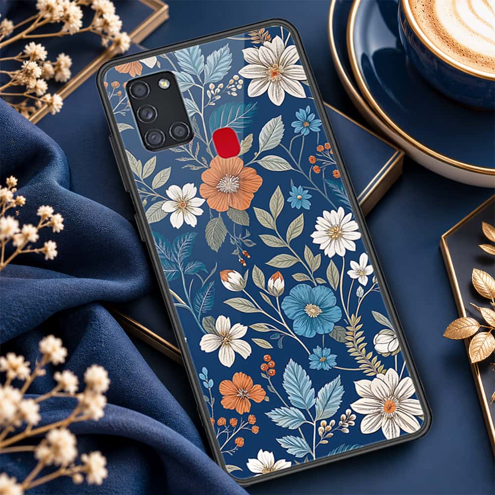Samsung Galaxy A21s Cover - ONation Botanical Bloom Series - HQ Ultra Shine Premium Infinity Glass Soft Silicon Borders Case
