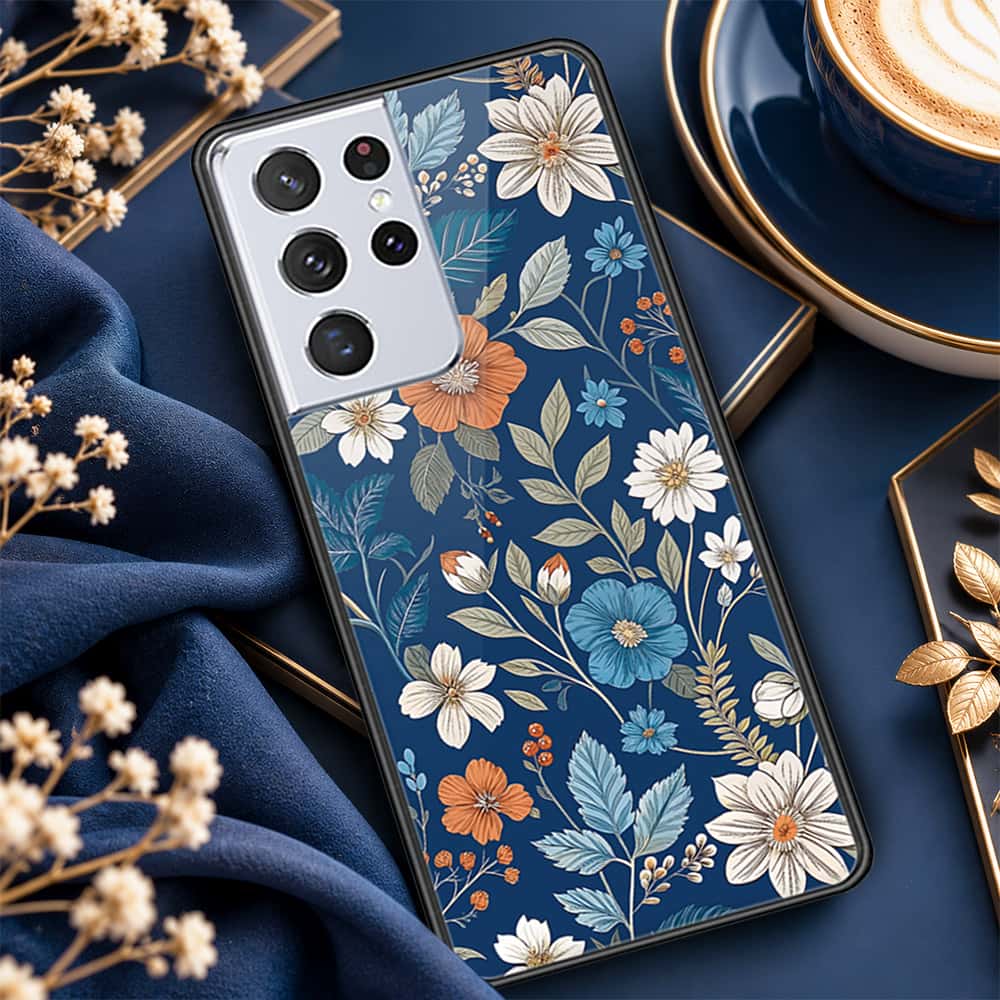 Samsung Galaxy S21 Ultra 5G Cover - ONation Botanical Bloom Series - HQ Ultra Shine Premium Infinity Glass Soft Silicon Borders Case